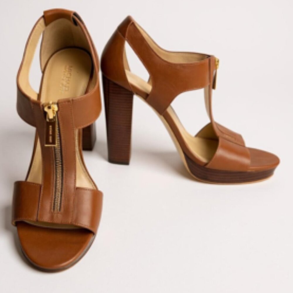 Michael Kors Brown Leather T-Strap Block Heel Sandals